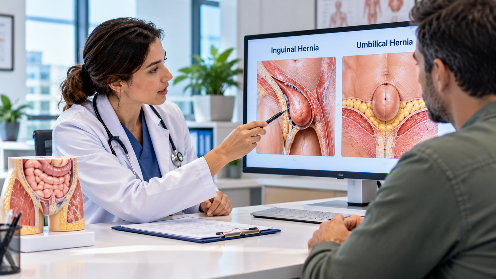 Patient discussing inguinal and umbilical hernia repair options with a surgeon using anatomical illustrations to explain hernia location and treatment planning.
