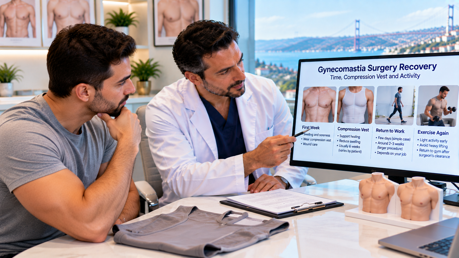 Male patient discussing gynecomastia surgery recovery, compression vest use and safe return to exercise with a plastic surgeon.
