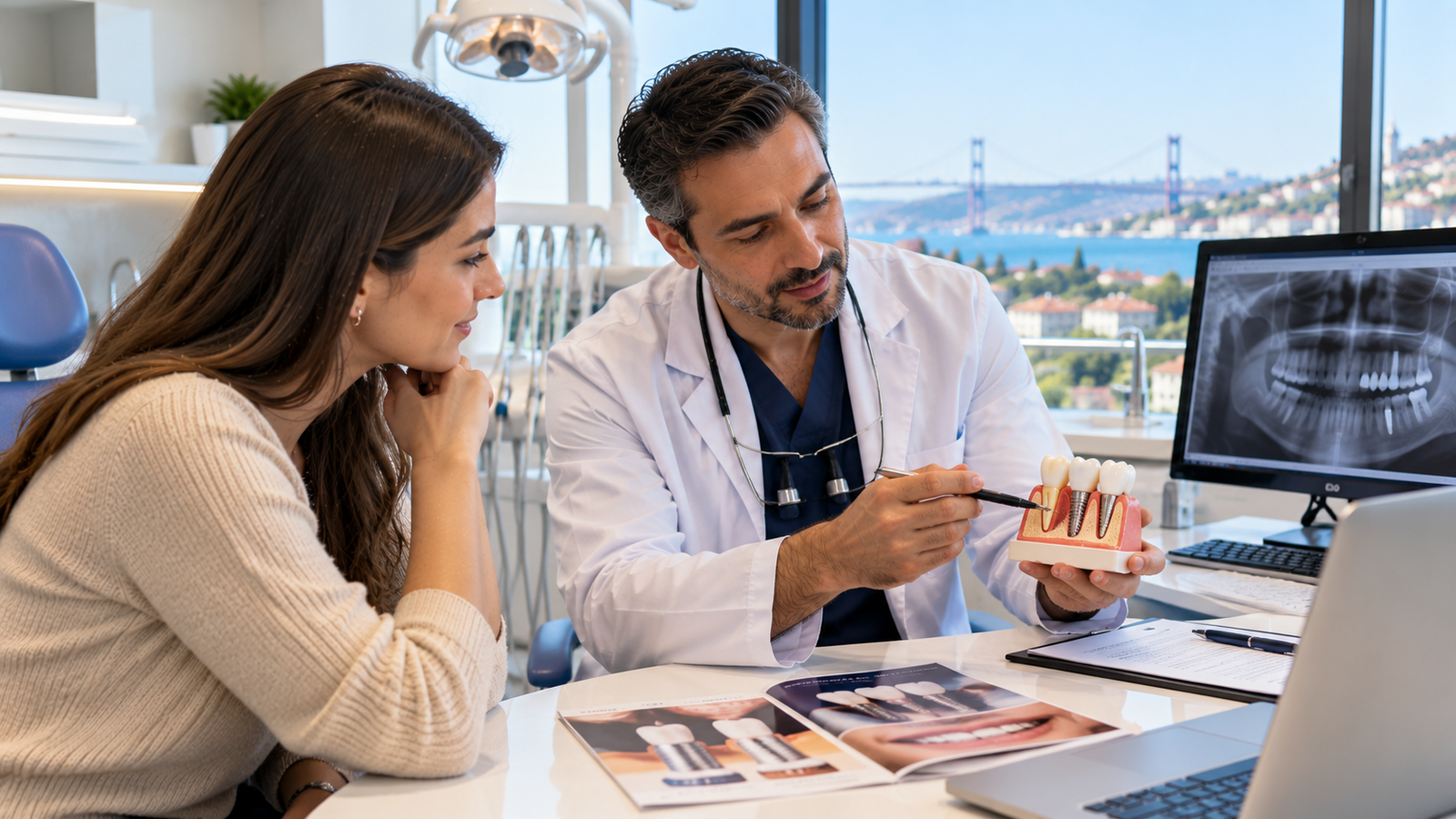 Patient discussing dental implants and treatment planning with a dentist in a modern clinic while reviewing dental X-rays and implant models.