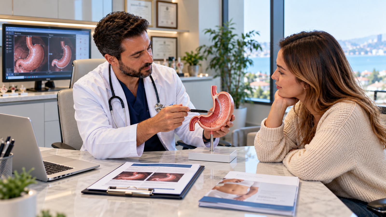Gastric sleeve patient reviewing post-surgery diet, hydration, supplements and long-term aftercare with a bariatric specialist after treatment in Turkey.