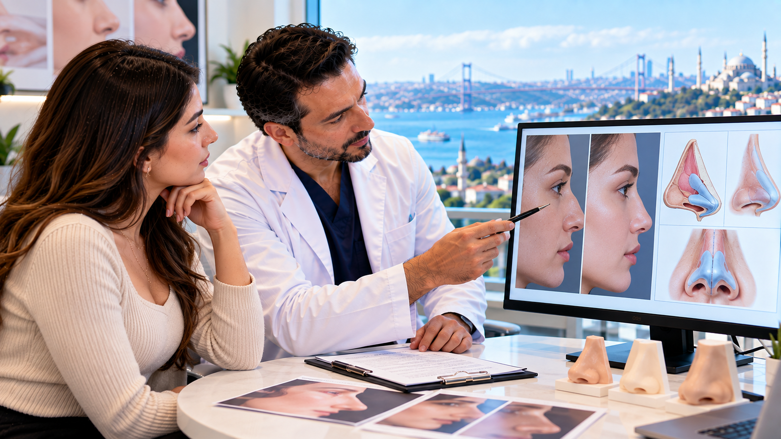 Patient discussing rhinoplasty goals, nasal anatomy, breathing function and surgical planning with a plastic surgeon during a consultation in Turkey.