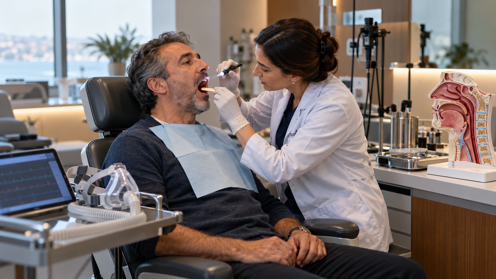 Patient undergoing an ENT airway and throat examination for sleep apnea, with CPAP equipment and an anatomical airway model visible in the clinic.