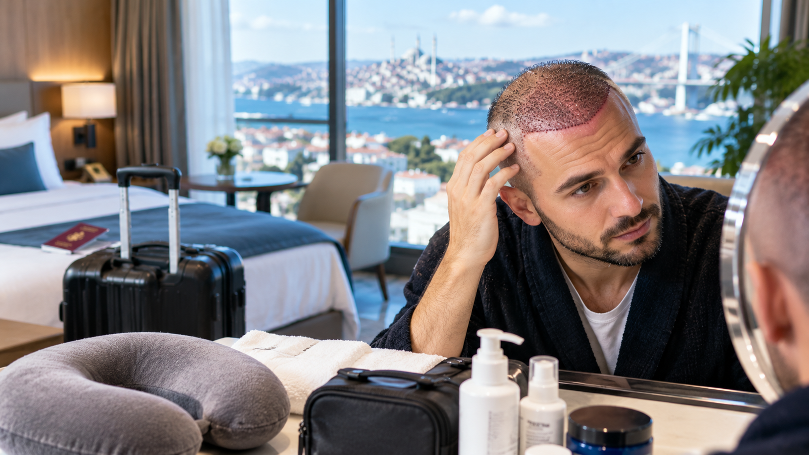 Patient at Istanbul airport preparing to fly home after a hair transplant in Turkey.