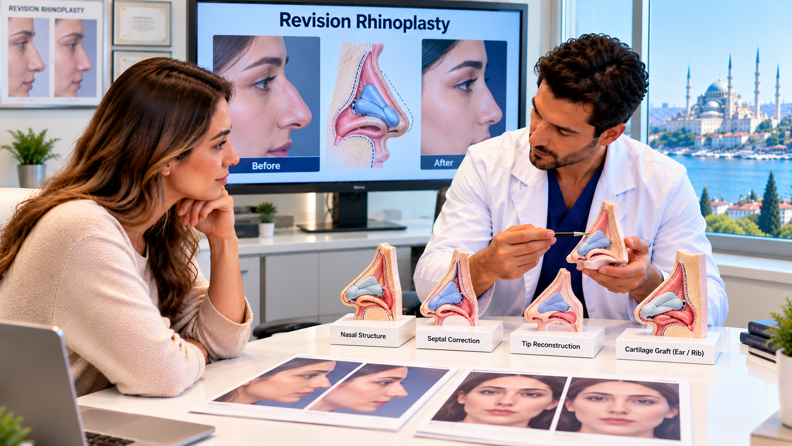 Patient discussing revision rhinoplasty with a plastic surgeon using nasal anatomy models to review structural correction, breathing function and cartilage graft options.