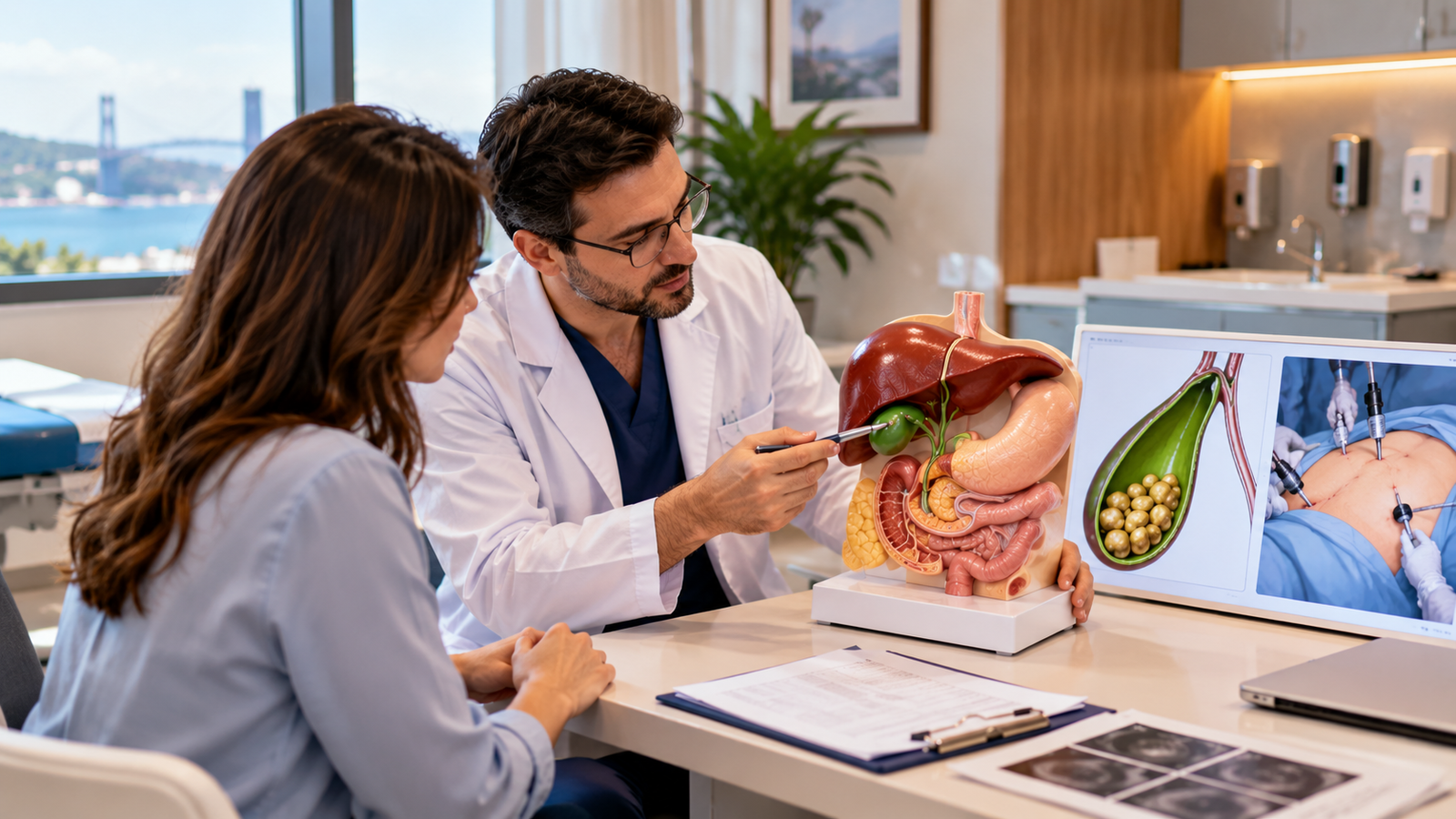Patient discussing gallbladder removal with a surgeon using an anatomical model and medical imaging to explain gallstones and laparoscopic cholecystectomy planning.