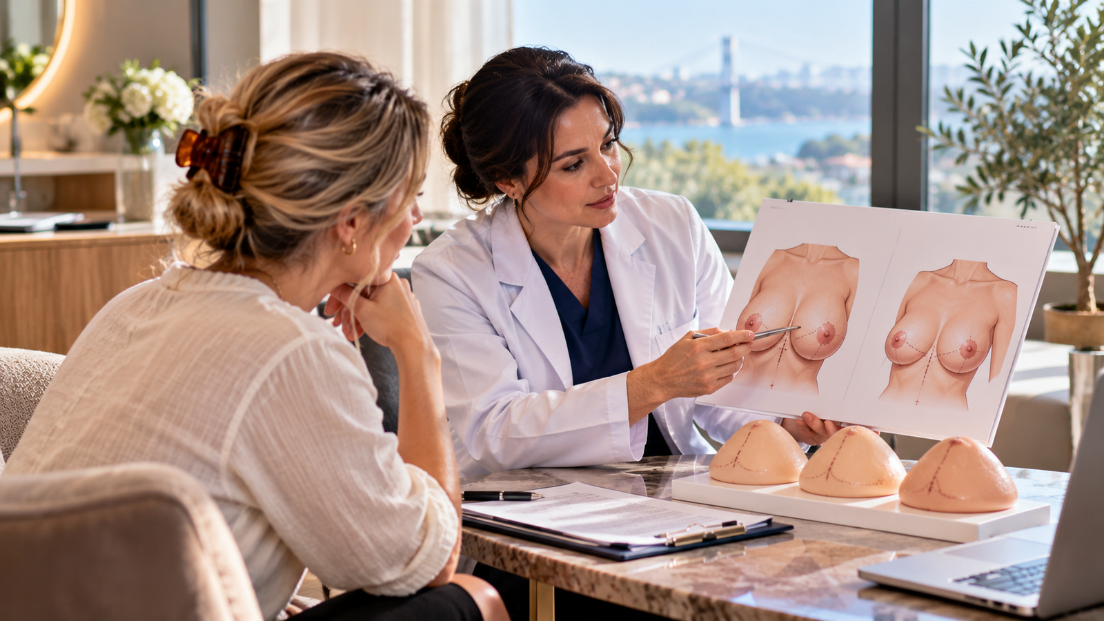 Patient discussing breast reduction recovery, wound healing, support bra use, mobility and safe return travel with a plastic surgeon before flying home.