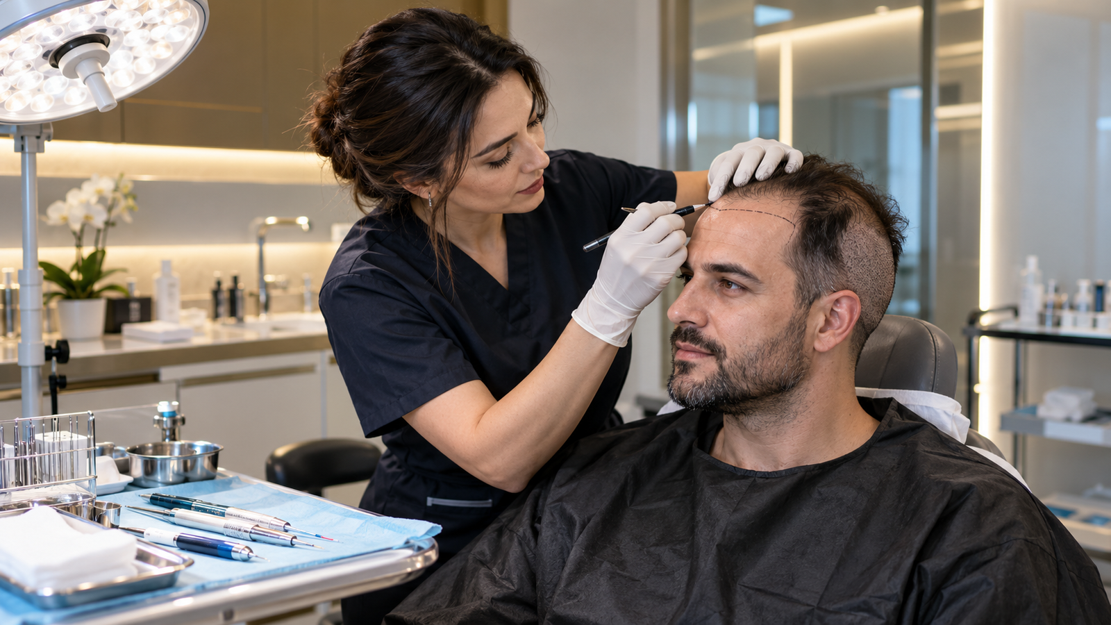 Hair transplant specialist comparing FUE extraction and DHI implantation techniques with a patient during a treatment consultation.