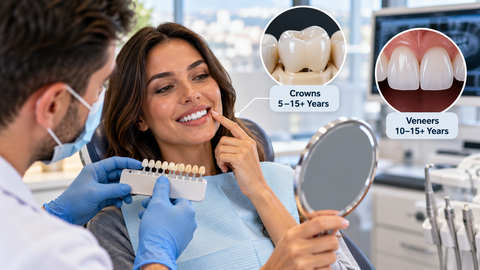 Dentist in Istanbul discussing the longevity of dental crowns and veneers with a patient during a professional cosmetic dentistry consultation.