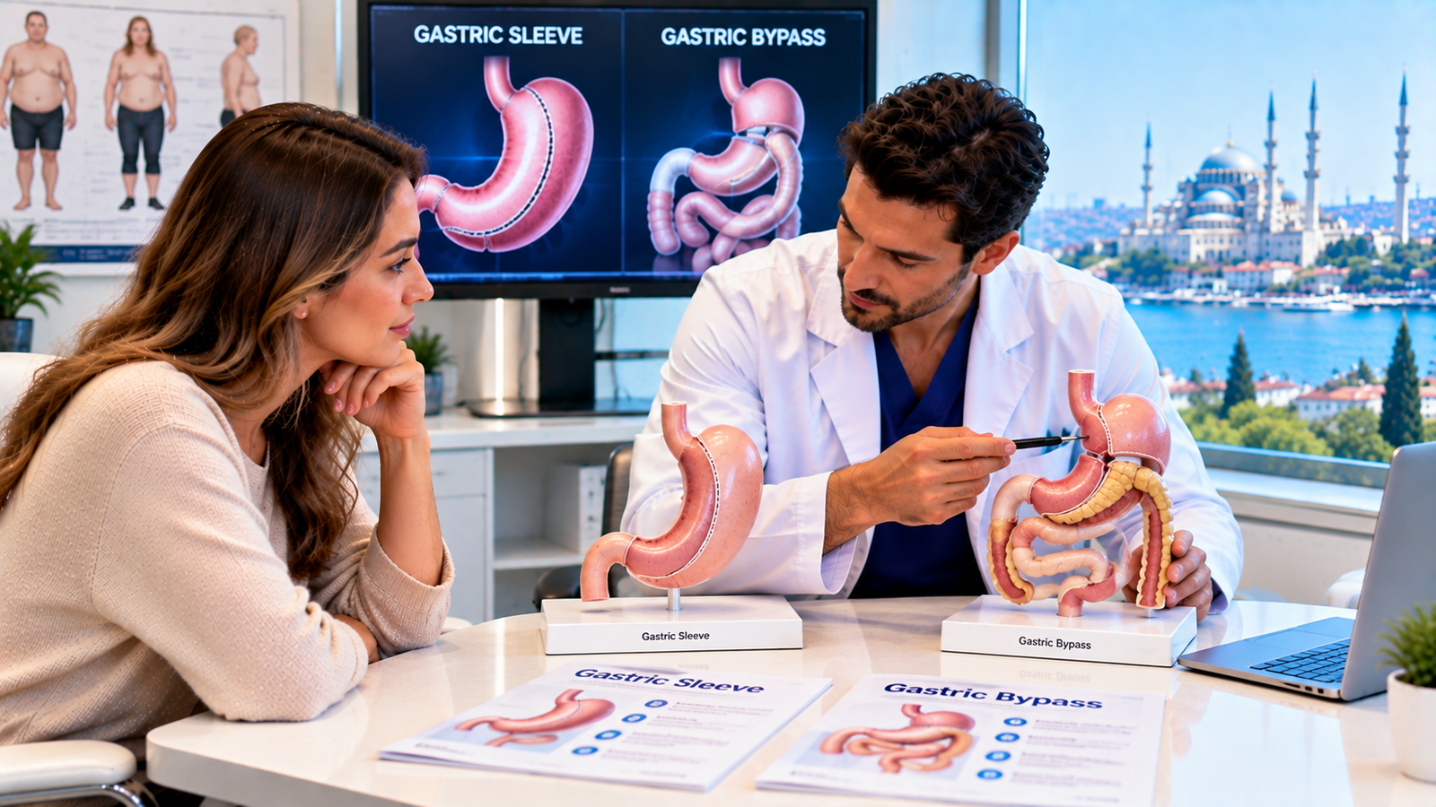 Patient comparing gastric sleeve and gastric bypass with a bariatric surgeon using anatomical models to discuss weight loss, reflux, nutrition and long-term treatment differences.