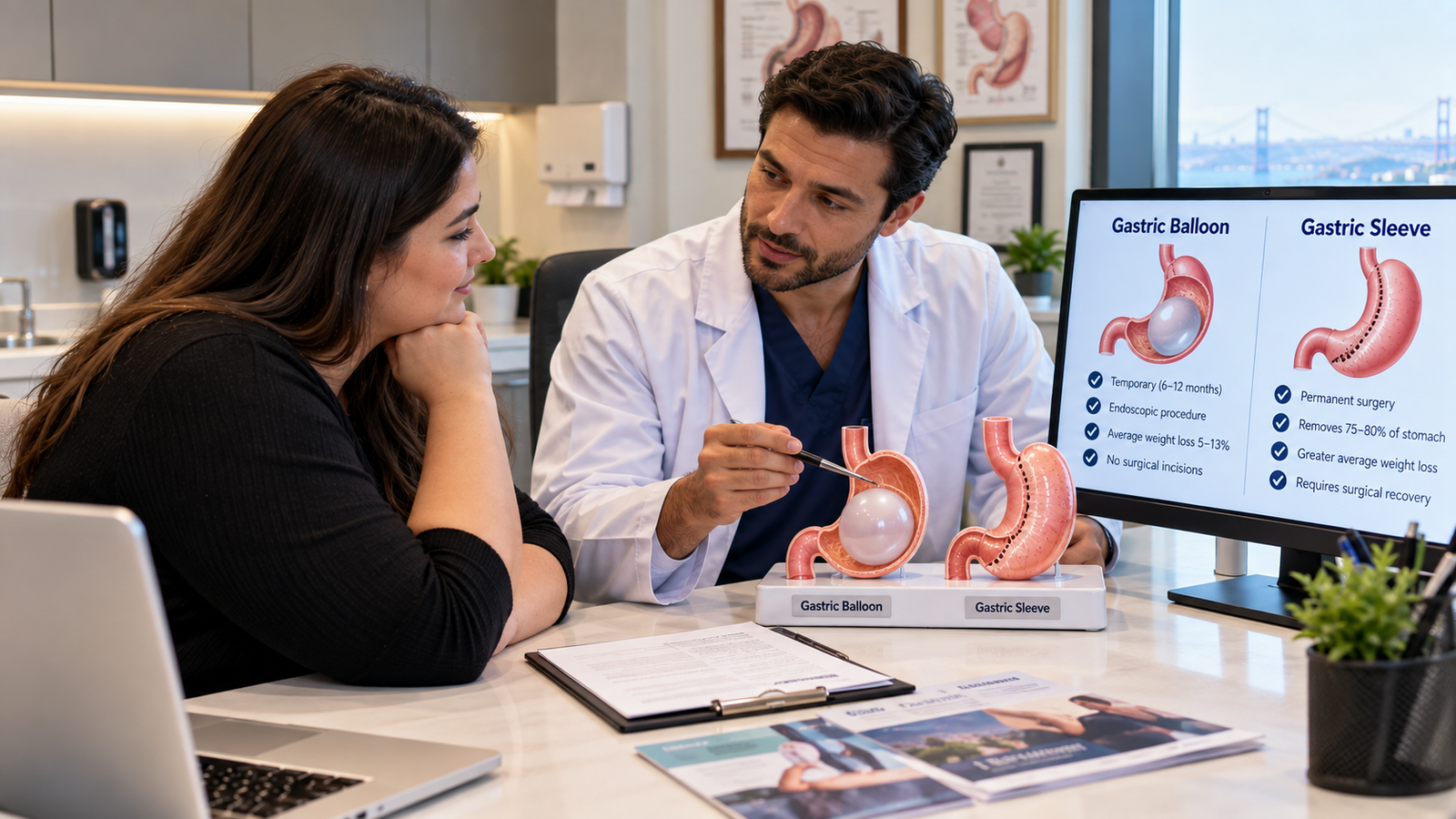 Patient comparing gastric balloon and gastric sleeve treatment with a bariatric specialist, using stomach models to discuss procedure type, recovery and expected weight loss.
