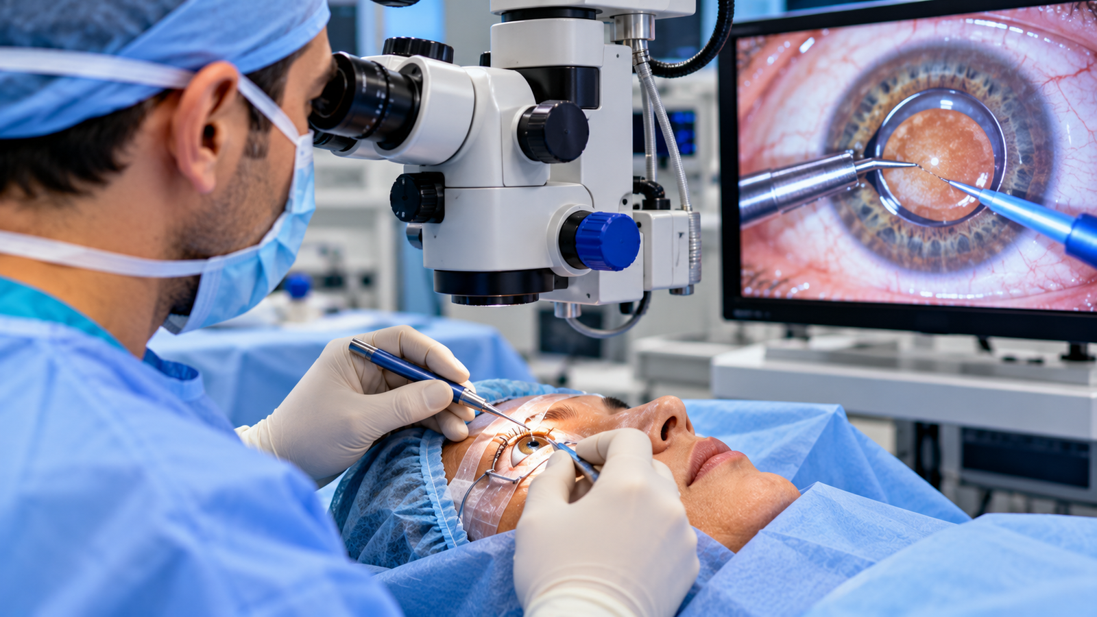 Ophthalmic surgeon performing cataract surgery with a surgical microscope while viewing the eye and lens procedure on a medical monitor.