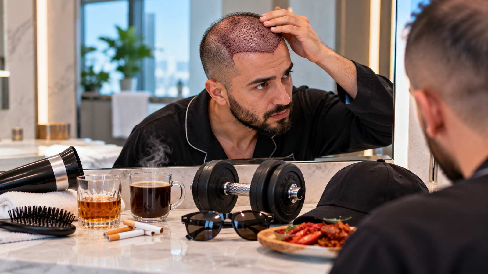 Hair transplant patient receiving professional aftercare guidance in a recovery suite while protecting fresh grafts during early healing.