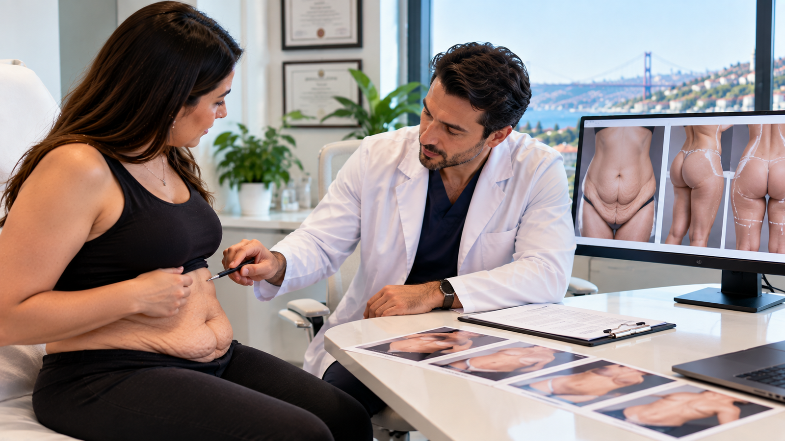 Patient discussing loose skin removal after major weight loss, lower body lift planning, scar placement and staged surgery with a plastic surgeon.