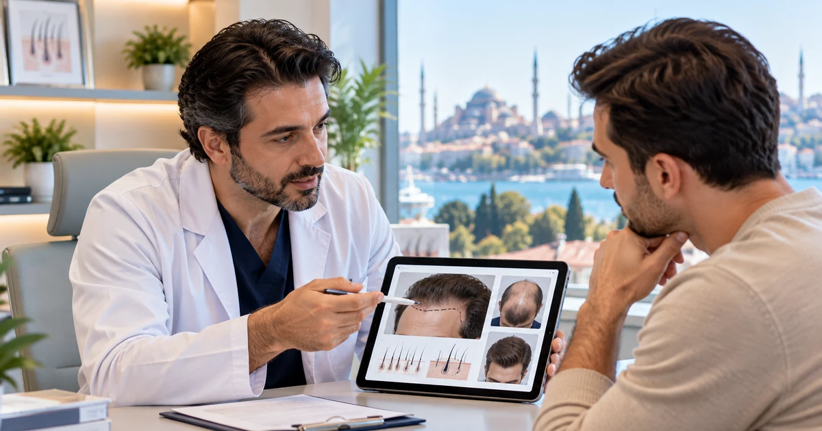 Illustration of a hair restoration clinician reviewing a hairline and donor-area plan with a prospective patient in an Istanbul consultation room