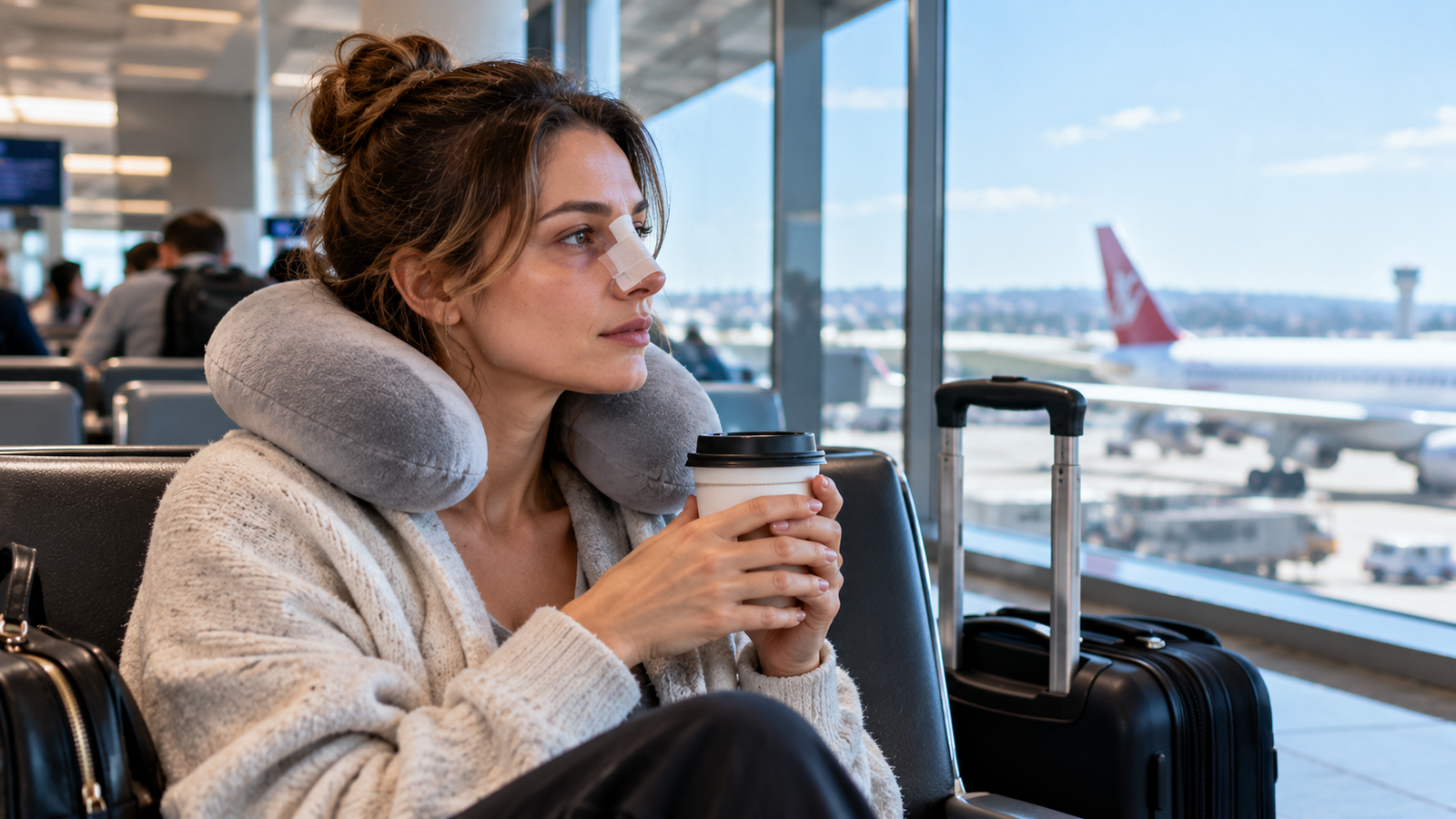 Rhinoplasty patient with a nasal splint receiving a final pre-flight check from a surgeon in Istanbul before travelling home.