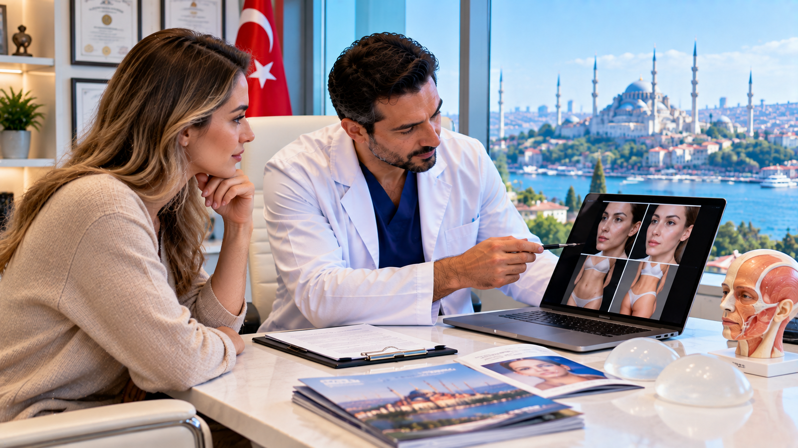 International patient discussing plastic surgery safety, surgeon credentials, hospital standards, informed consent and aftercare with a plastic surgeon in Turkey.