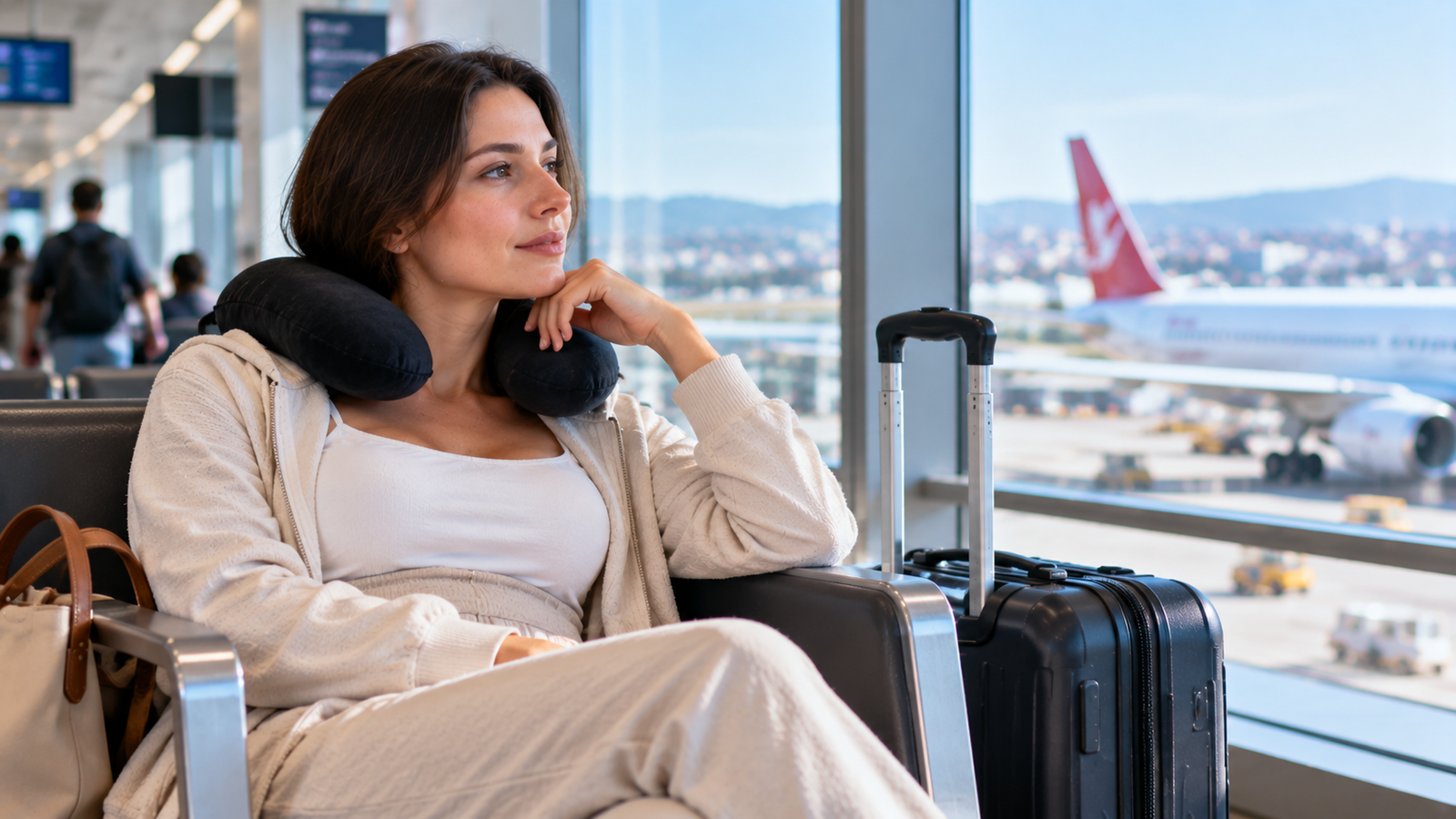 Woman wearing a compression garment at Istanbul airport preparing to fly home after tummy tuck surgery in Turkey.