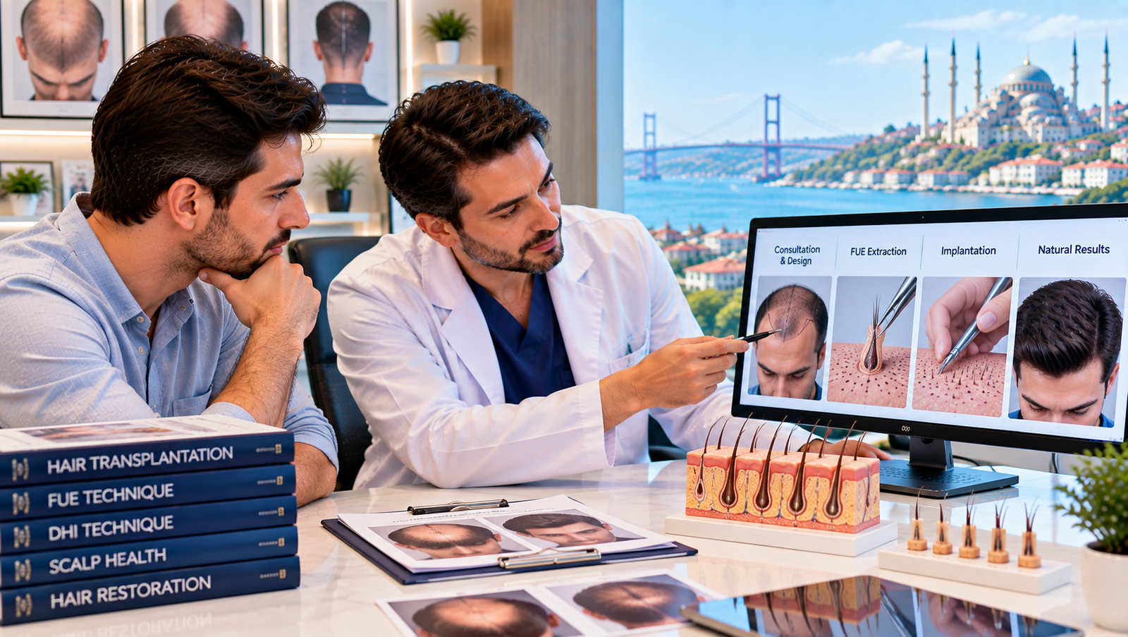 International patient discussing hair transplant candidacy, donor area, FUE procedure and long-term results with a hair restoration specialist in Turkey.