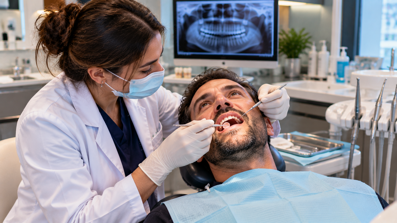 Dentist reviewing gum disease and dental X-ray findings with a patient before crowns or veneers treatment in Turkey.