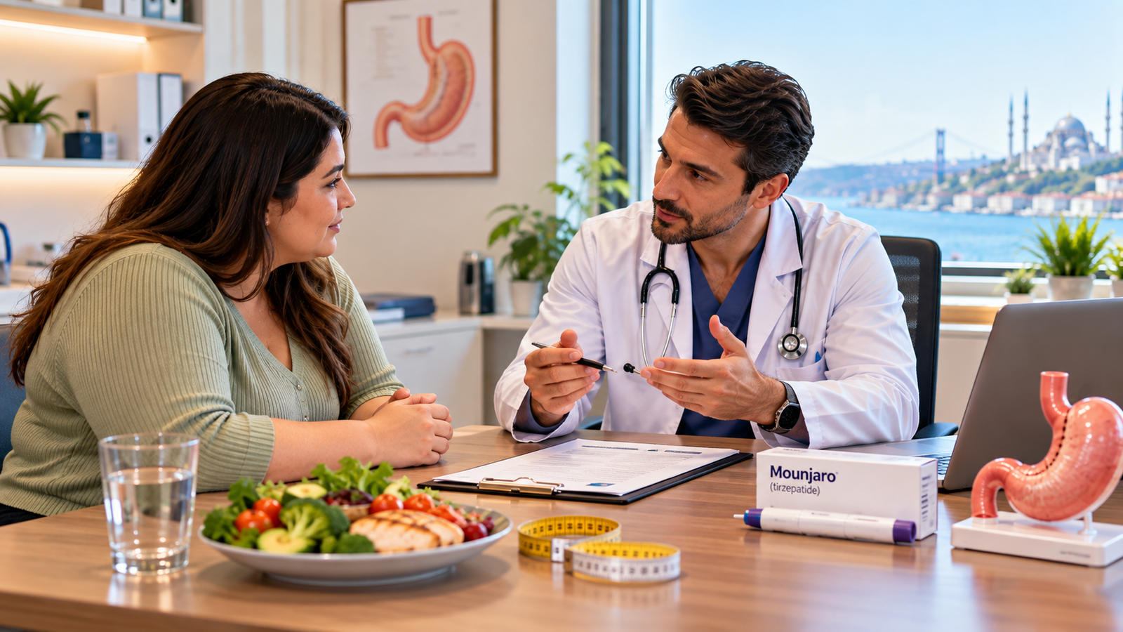 Patient comparing gastric sleeve surgery and Mounjaro (tirzepatide) with a bariatric specialist, reviewing weight loss, risks and long-term treatment options.