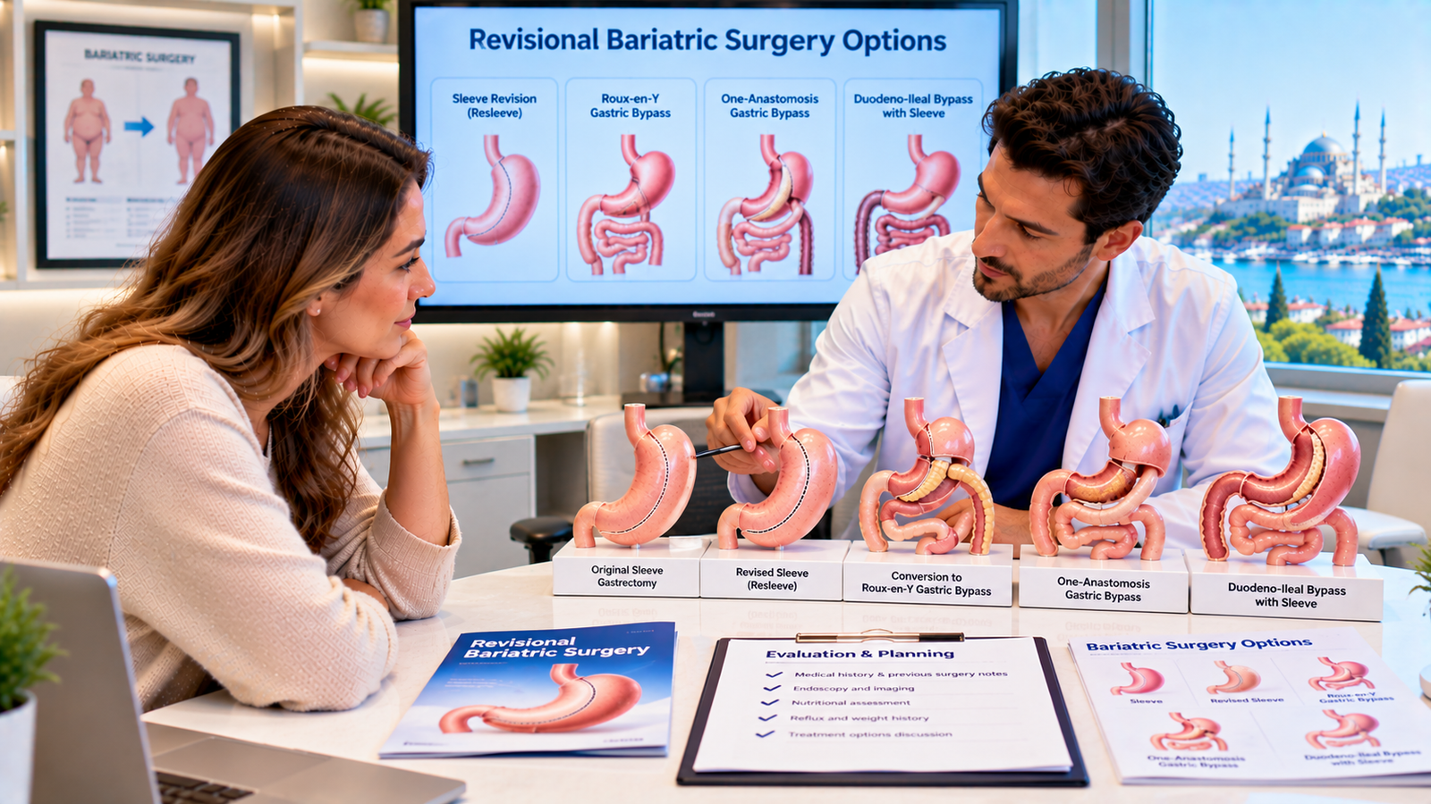 Patient discussing gastric sleeve revision surgery with a bariatric surgeon while comparing revision options, previous sleeve anatomy and possible gastric bypass conversion.