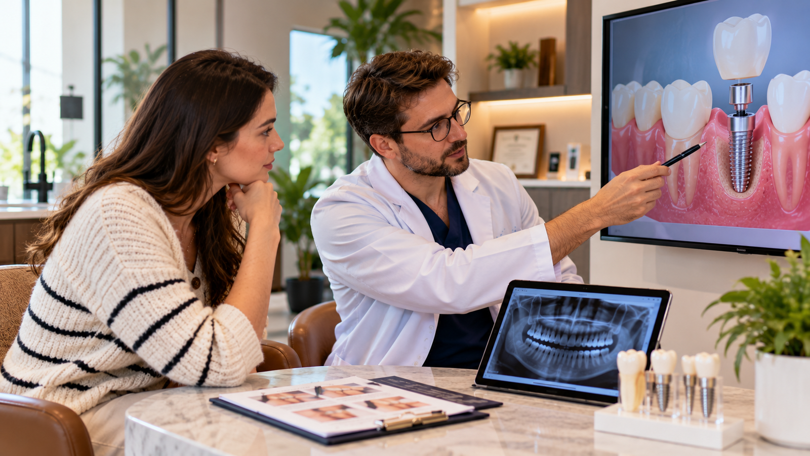 Patient experiencing tooth pain after dental crown treatment while a dentist explains possible causes and examines the affected tooth.