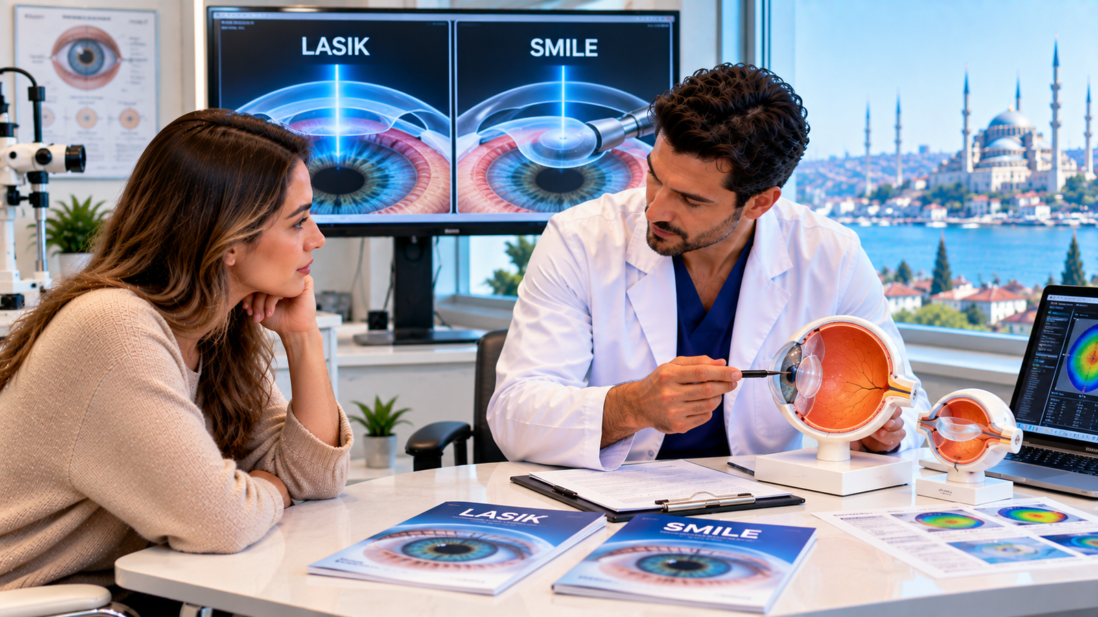 Patient comparing LASIK and SMILE laser eye surgery with an ophthalmologist using corneal imaging, diagnostic scans and eye models during a detailed consultation.