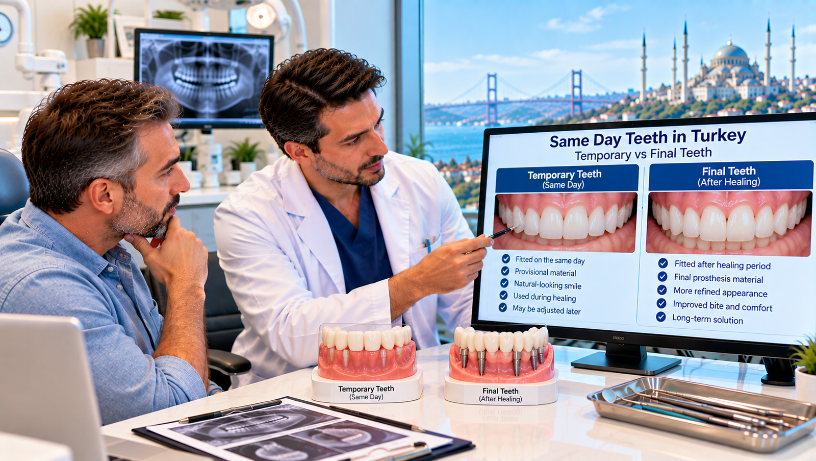 Dentist explaining same-day dental implants, temporary fixed teeth and the final full-arch bridge to a patient during treatment planning in Turkey.