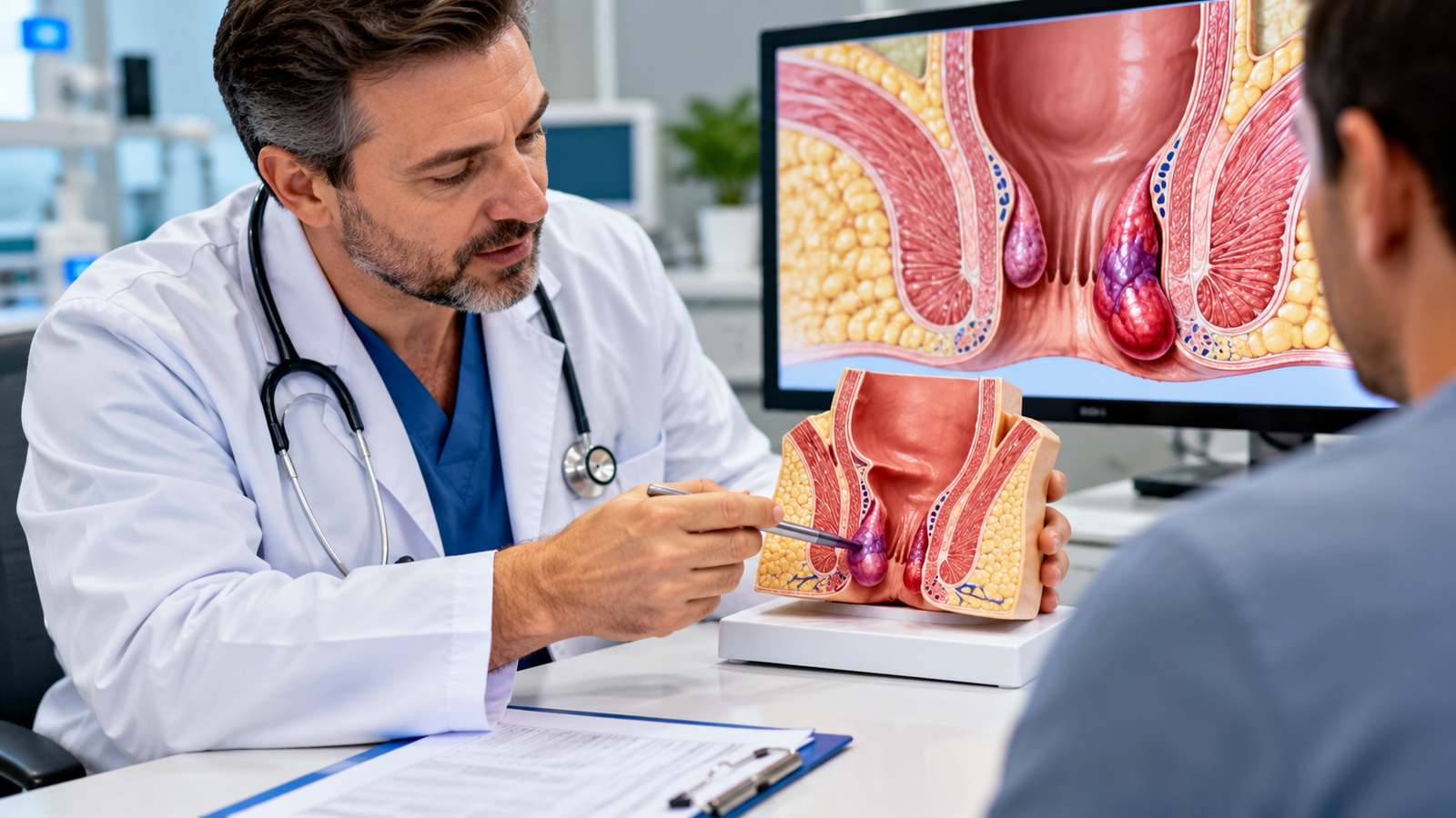 Doctor explaining hemorrhoid treatment options using an anatomical model to discuss internal and external hemorrhoids, banding, and surgical removal.