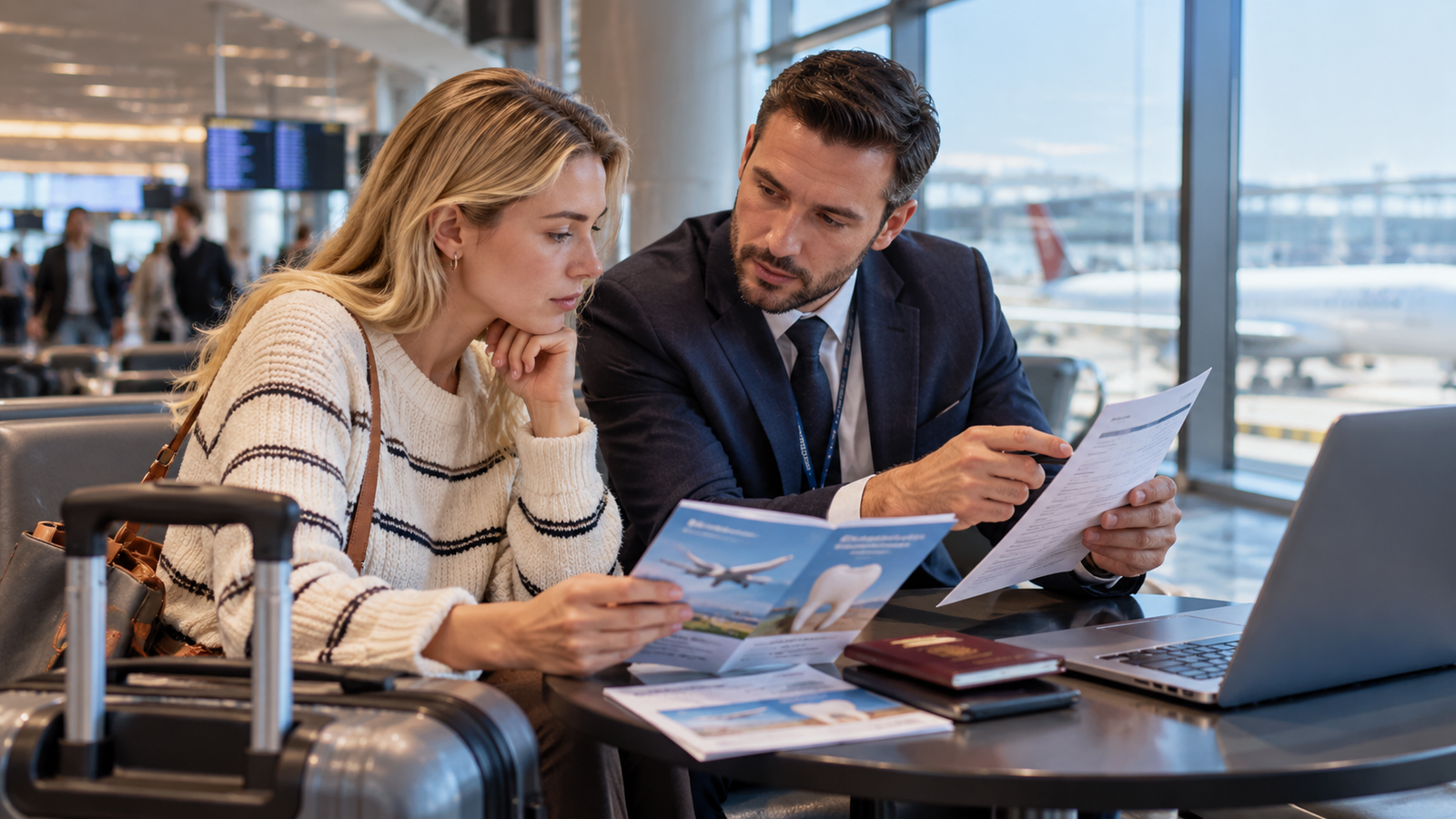 Patient reviewing travel insurance coverage for dental treatment in Turkey with an advisor, including complications, emergency care and repatriation options.