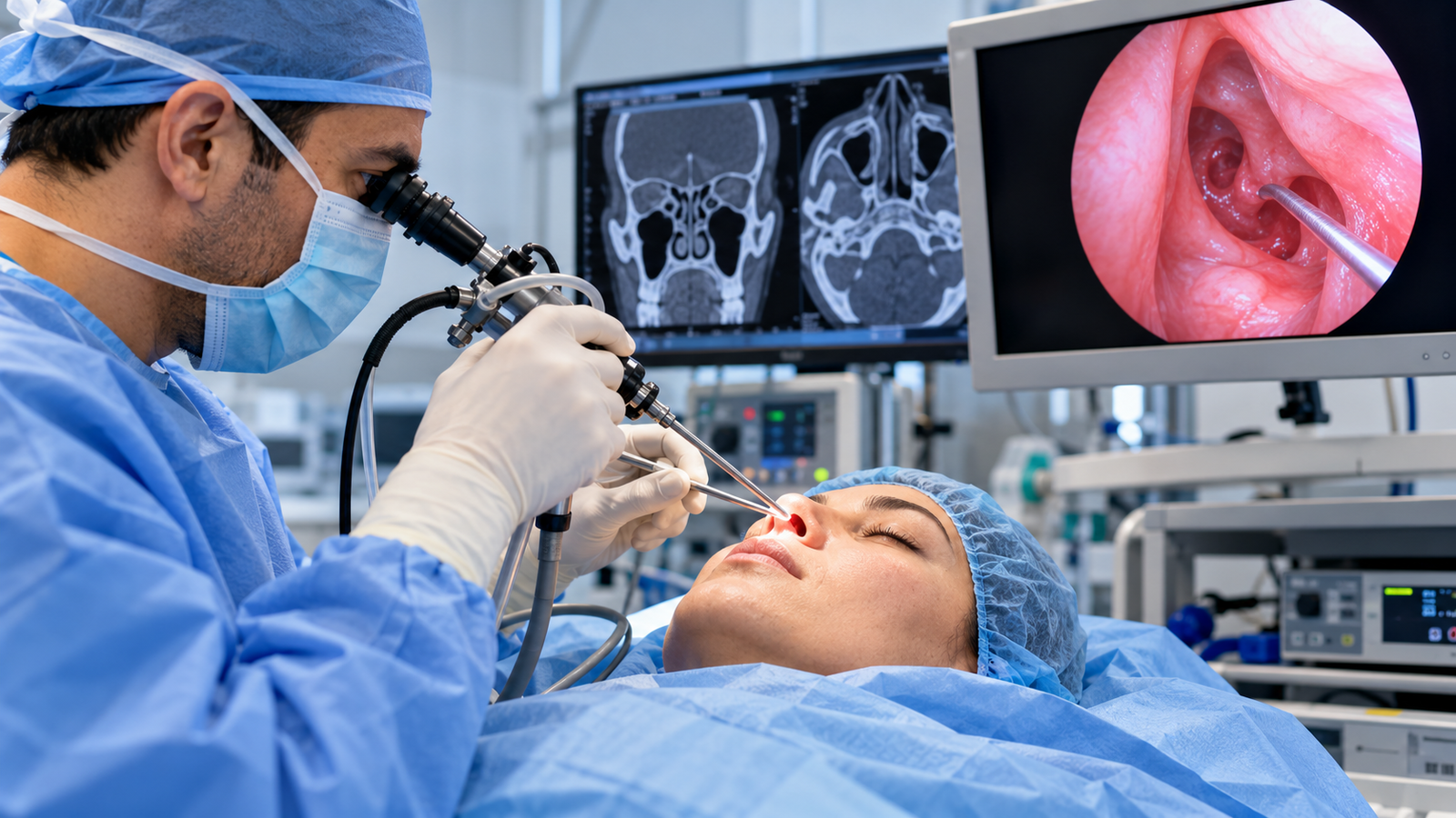 ENT surgeon performing endoscopic sinus surgery using a nasal endoscope while reviewing sinus CT scans and the nasal cavity on surgical monitors.