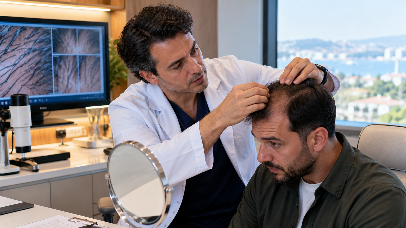 Hair transplant specialist reviewing donor area, hair loss pattern and graft planning with a patient during a pre-treatment consultation.