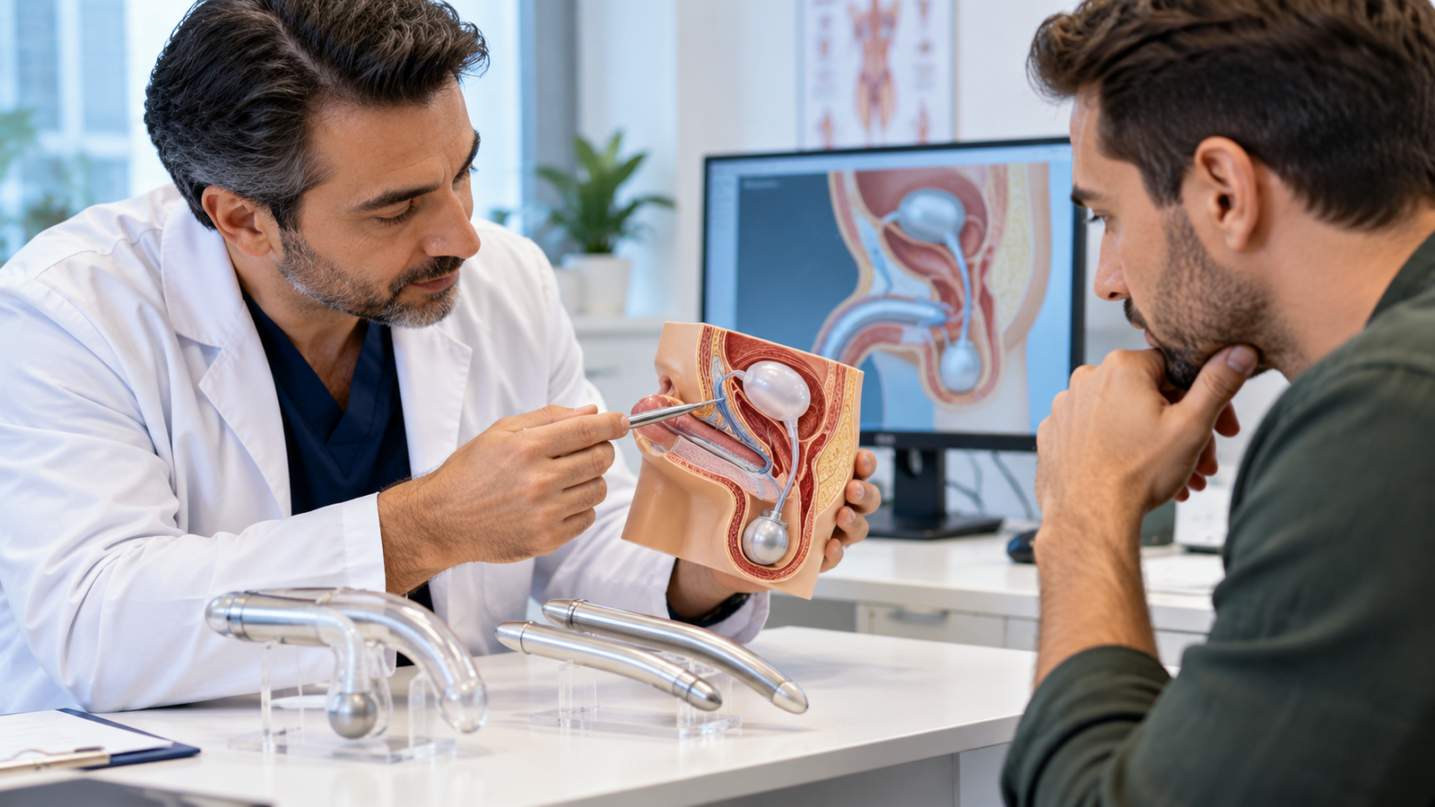 Patient discussing penile implant surgery with a urologist using anatomical models to compare inflatable and malleable prosthesis options and device placement.