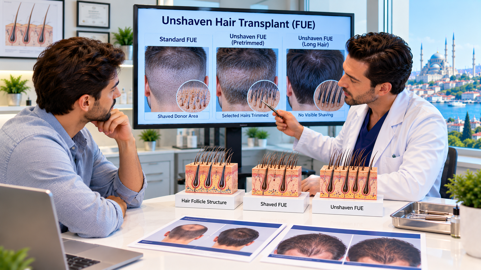 Patient discussing unshaven FUE hair transplant with a specialist while comparing shaved, pretrimmed and long-hair donor techniques and follicle extraction planning.