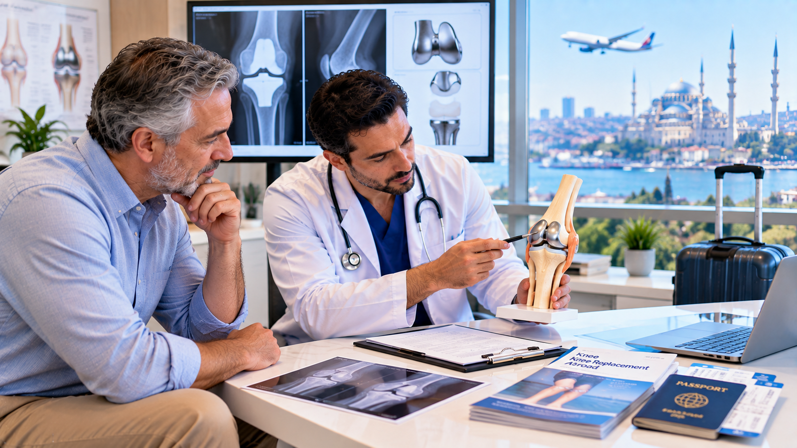 Patient discussing knee replacement abroad with an orthopedic surgeon, reviewing implant planning, rehabilitation, travel and follow-up before surgery.