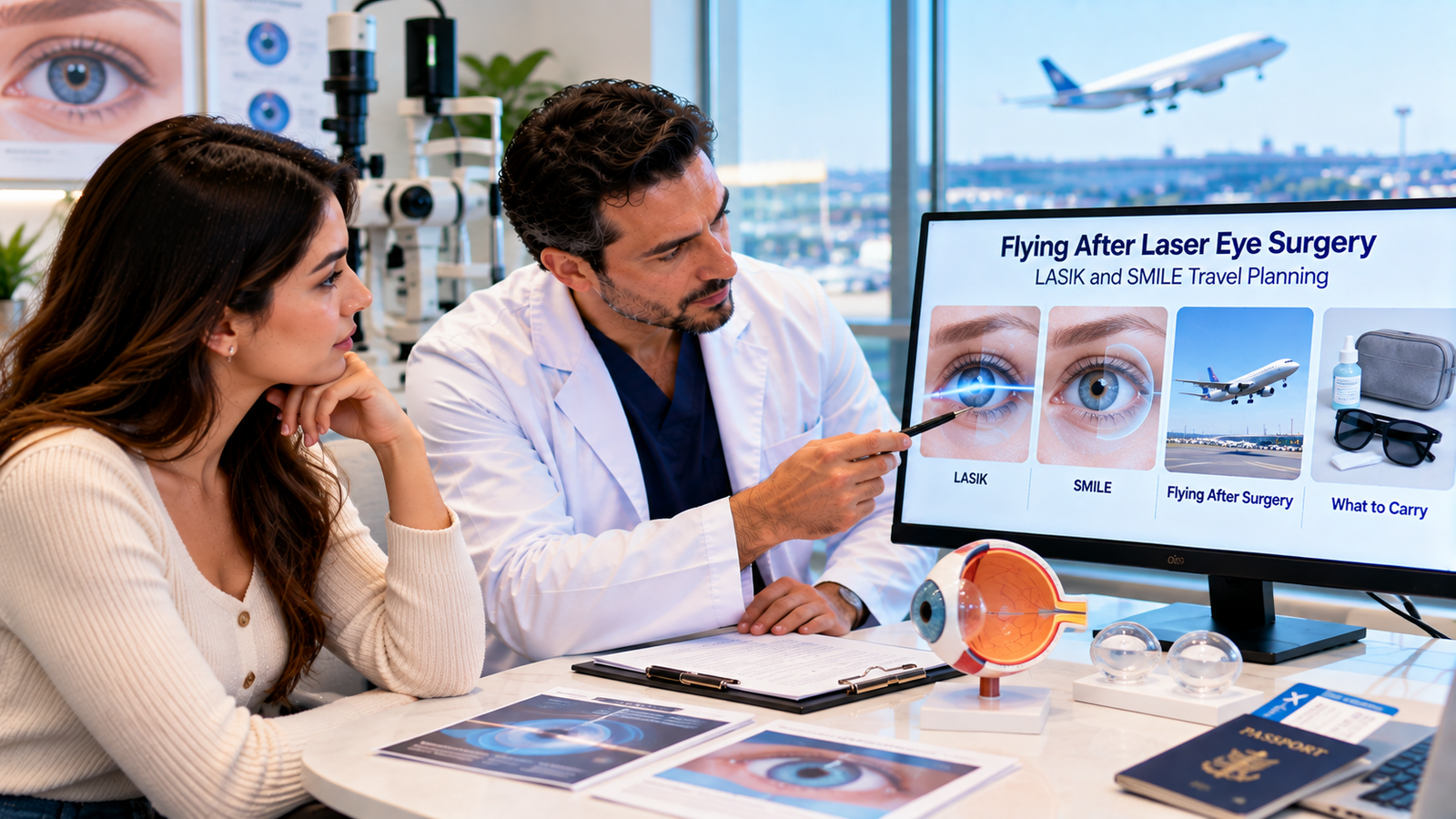 Patient discussing safe air travel after LASIK or SMILE eye surgery with an ophthalmologist, with eye drops, sunglasses and travel documents prepared for the journey.