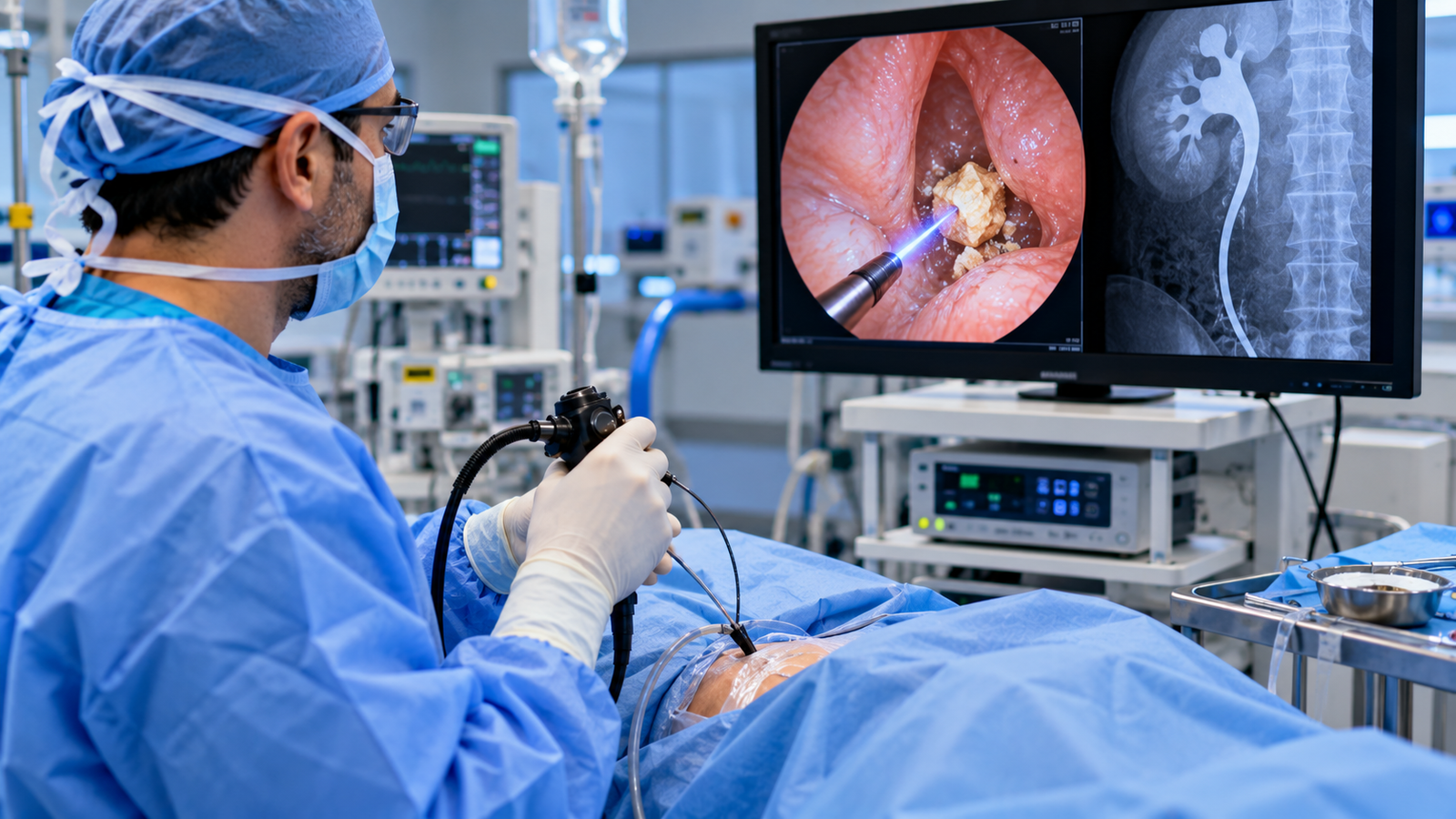 Urologist performing ureteroscopy and laser lithotripsy to remove a kidney stone while reviewing endoscopic imaging and urinary tract scans in the operating room.