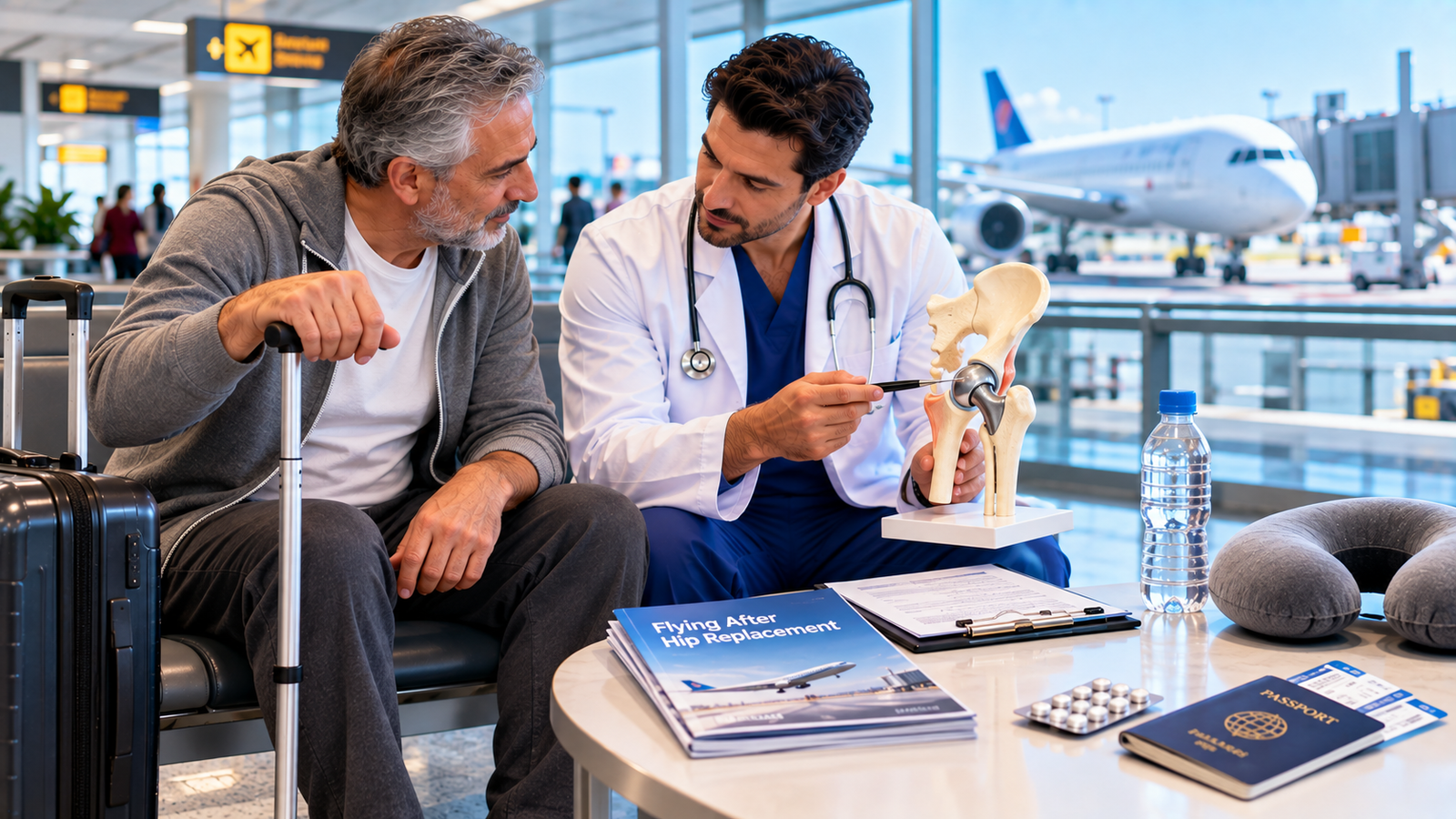 Hip replacement patient discussing safe air travel, mobility, blood-clot prevention and fit-to-fly readiness with an orthopedic doctor at the airport.