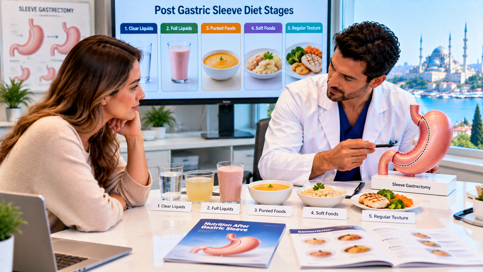 Patient reviewing the staged diet after gastric sleeve surgery, including clear liquids, full liquids, puréed foods, soft foods and gradual return to regular textures with a bariatric specialist.