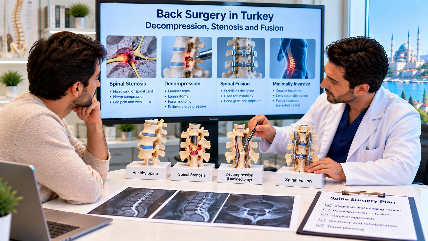 Patient discussing back surgery with a spine surgeon while reviewing spinal stenosis, decompression, laminectomy and spinal fusion options using MRI scans and spine models.