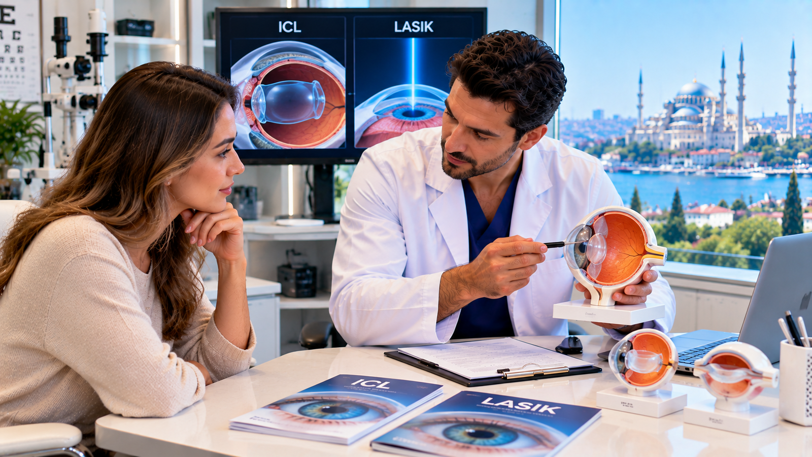 Patient comparing ICL and LASIK with an ophthalmologist using eye models and diagnostic equipment to assess corneal health, prescription and treatment suitability.