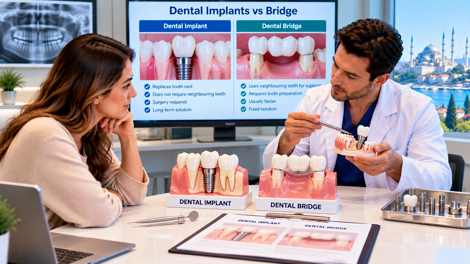 Patient comparing a dental implant and traditional dental bridge with a dentist using tooth models to discuss missing-tooth replacement options.