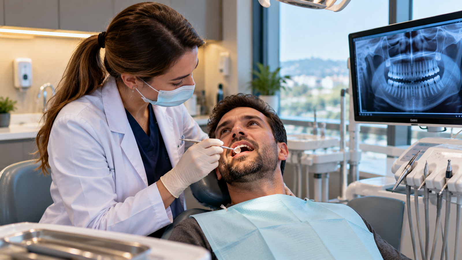Dentist in a modern clinic reviewing damaged crowns, veneers and dental X-rays with a patient after cosmetic dental treatment abroad.