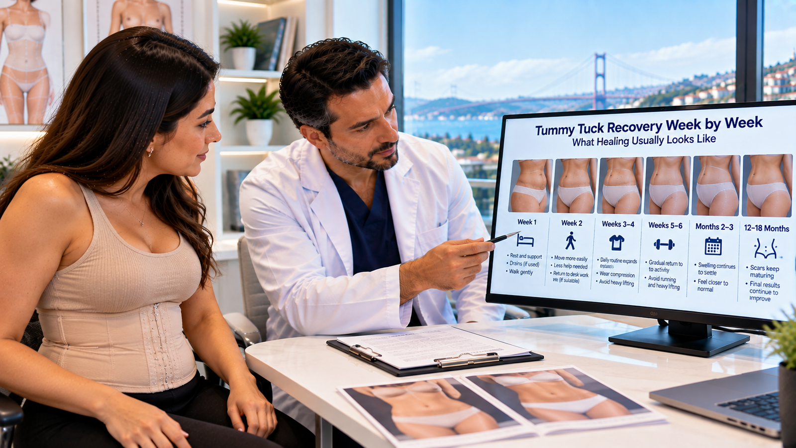 Tummy tuck patient reviewing week-by-week recovery, compression garment use, swelling, mobility and gradual return to activity with a plastic surgeon.