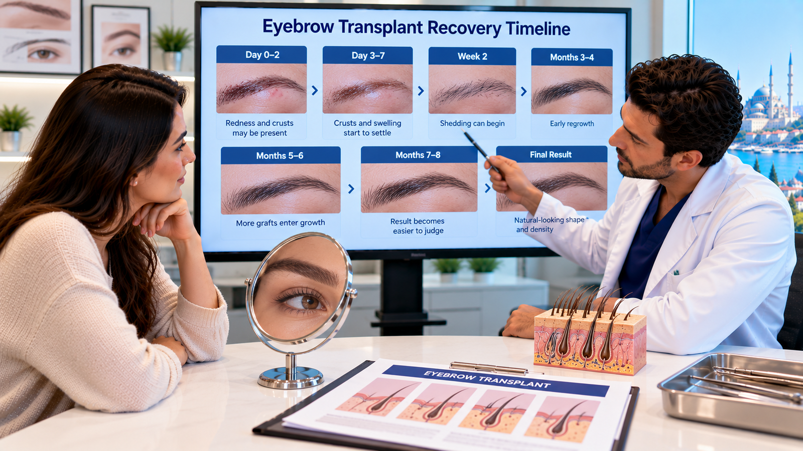 Patient reviewing eyebrow transplant recovery with a specialist, including early redness and crusting, temporary shedding and gradual eyebrow regrowth over several months.