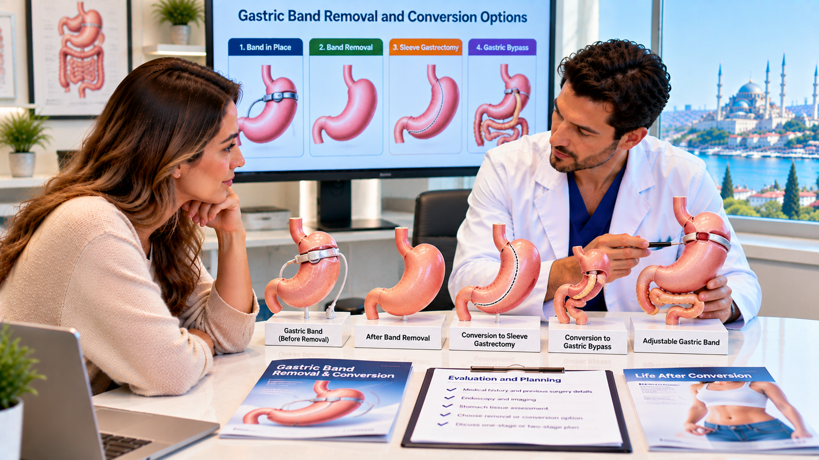 Patient discussing gastric band removal and possible conversion to sleeve gastrectomy or gastric bypass with a bariatric surgeon using anatomical stomach models.