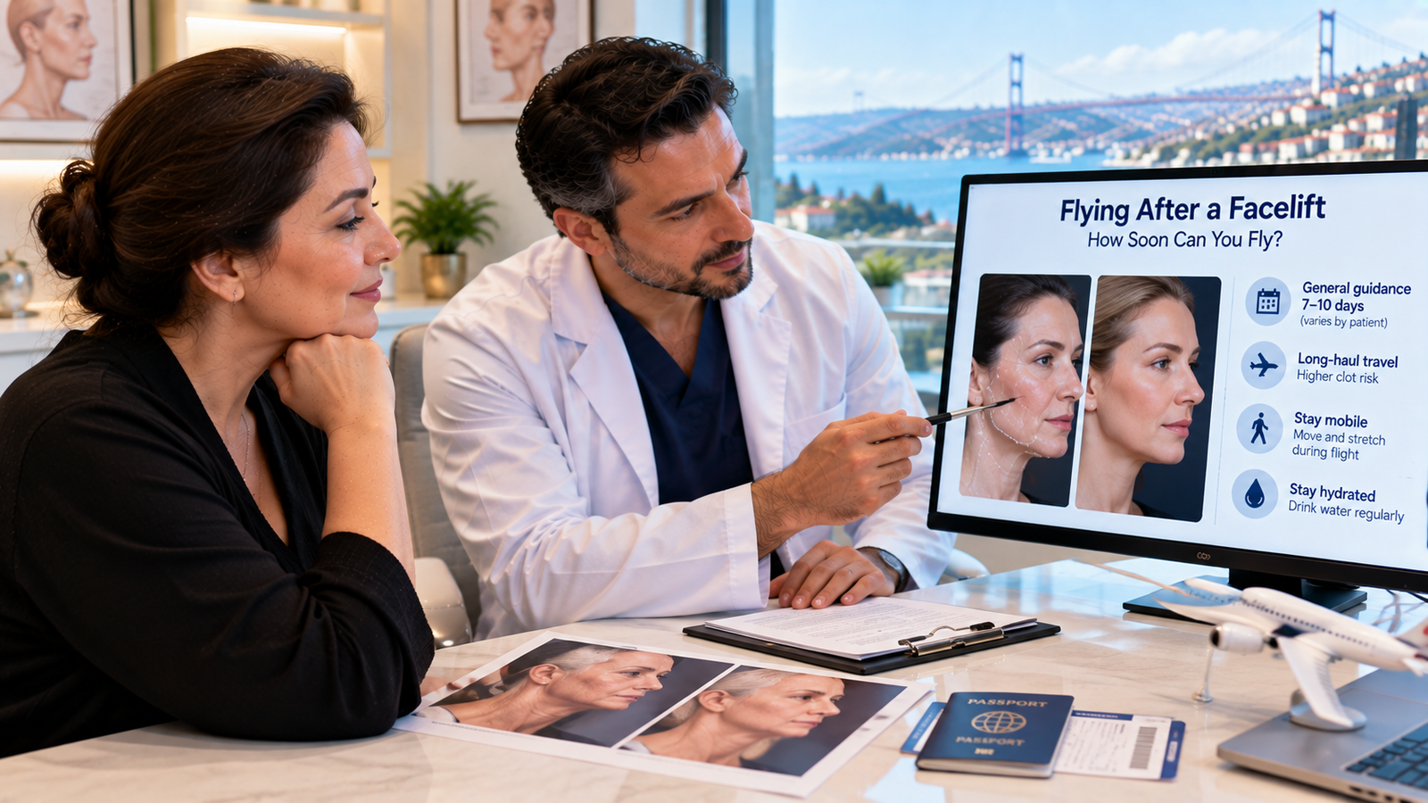 Facelift patient discussing recovery and safe flying time with a plastic surgeon, including swelling, mobility, hydration and fit-to-fly guidance.