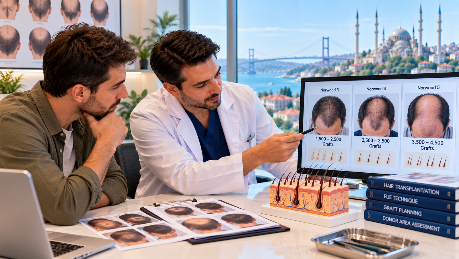 Hair transplant specialist explaining Norwood 3, Norwood 4 and Norwood 5 graft estimates while assessing donor density and recipient areas with a patient.