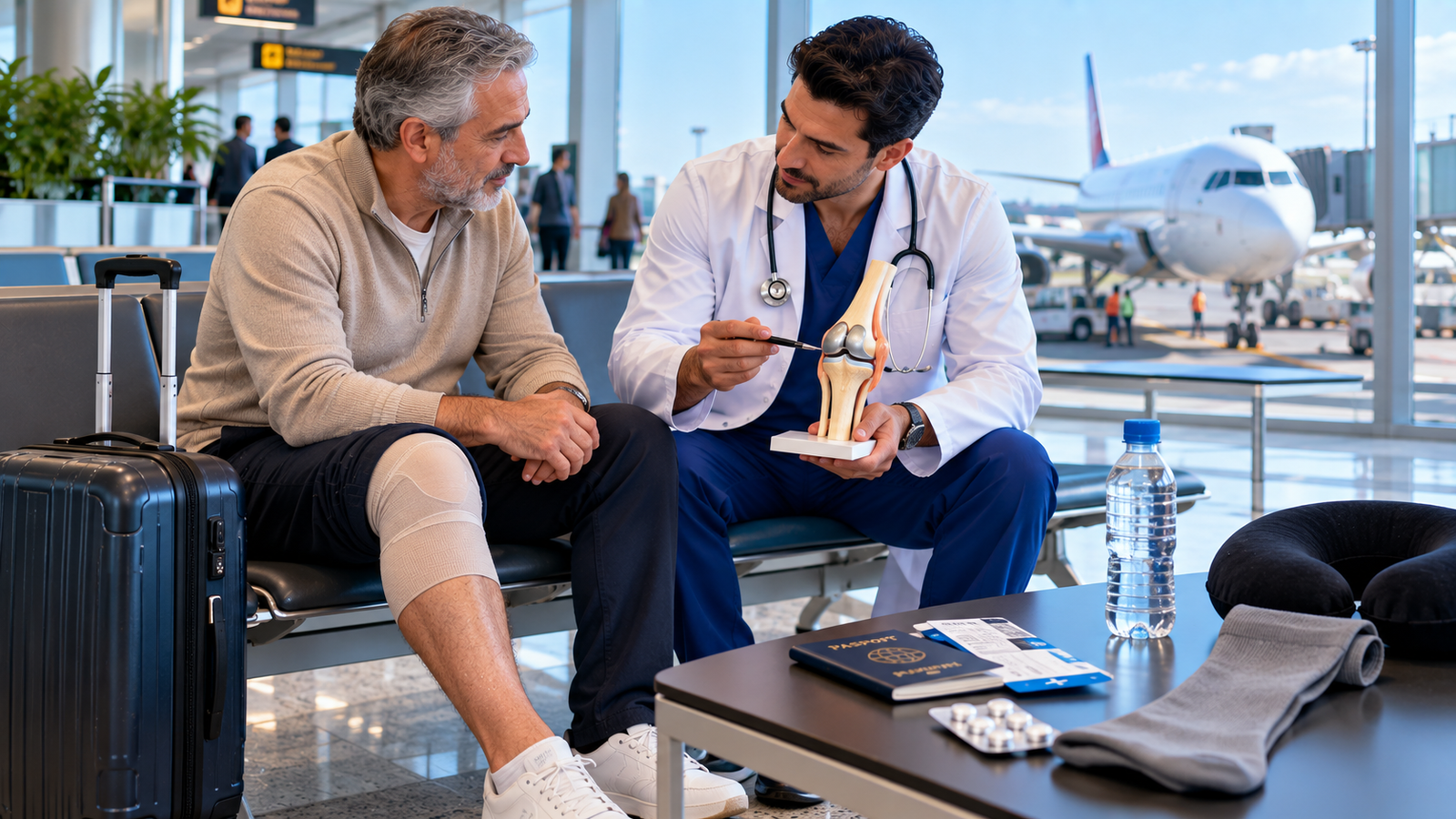 Knee replacement patient discussing safe air travel, mobility, clot prevention and fit-to-fly readiness with an orthopedic doctor at the airport.