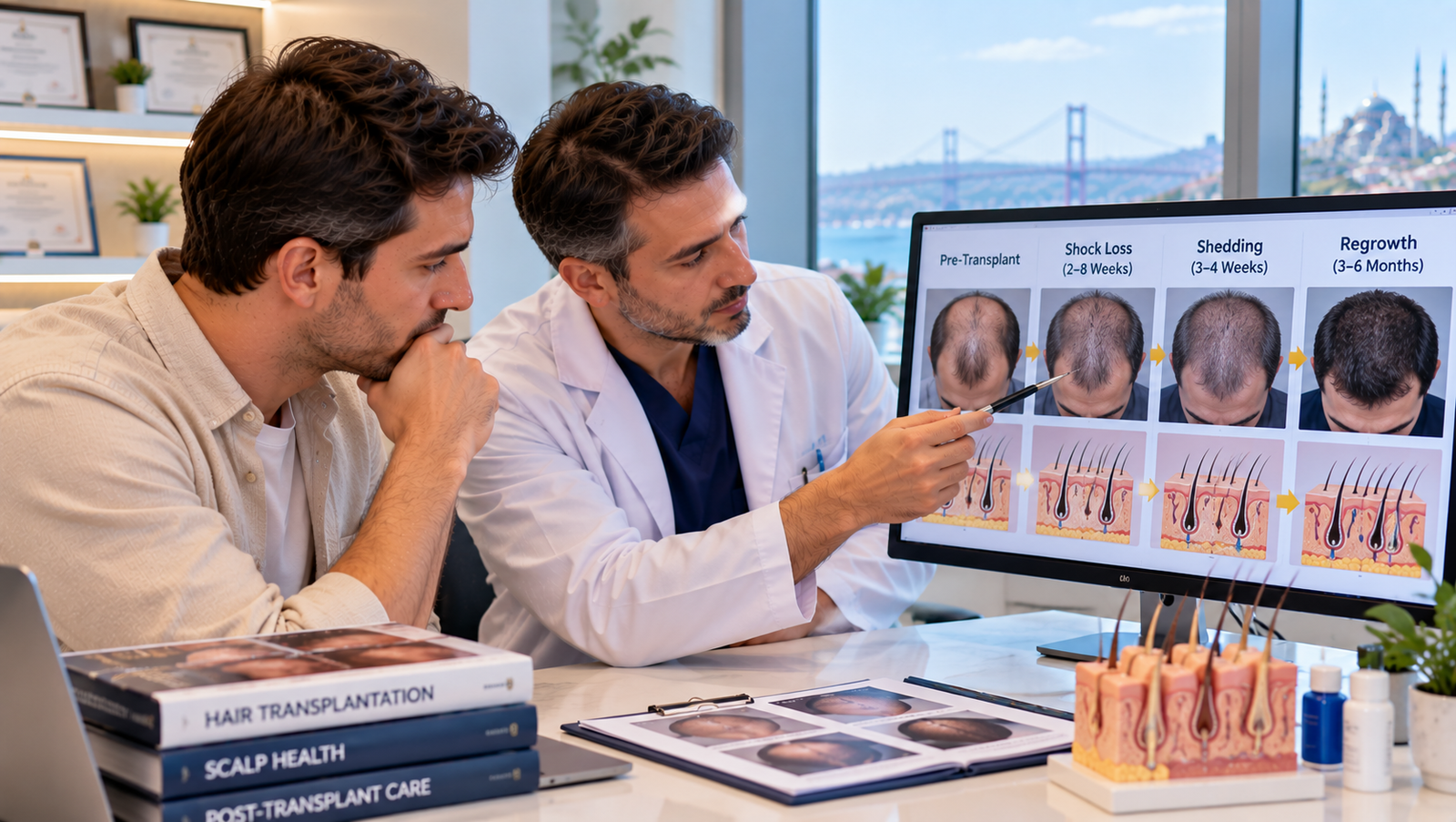 Hair transplant patient discussing shock loss, donor-area thinning and temporary shedding with a specialist during a recovery follow-up consultation.